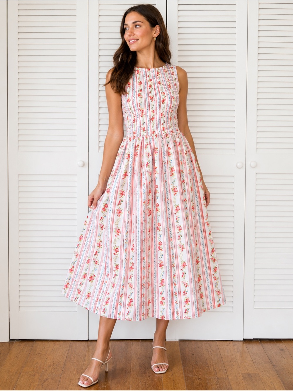 Caroline Constas Pomegranate Stripe Smocked Cotton Midi Dress S NWT $395